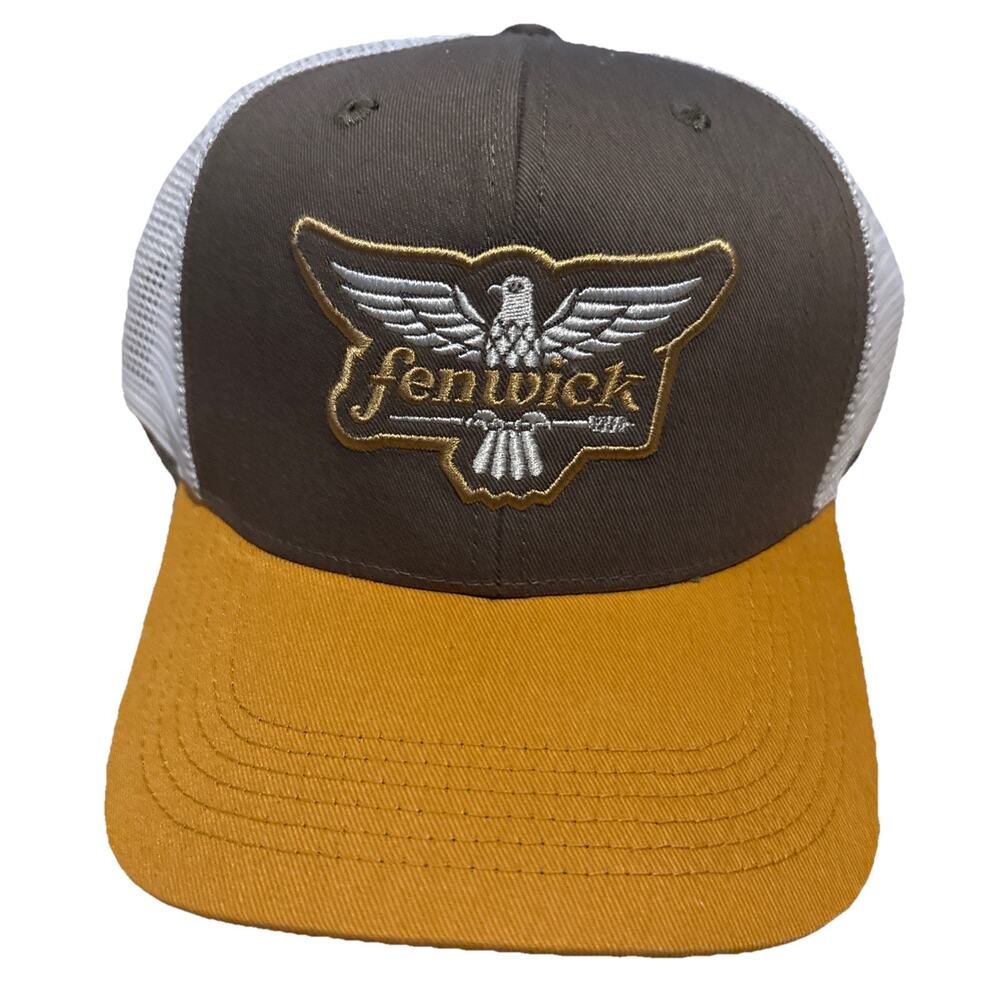 Men's Fenwick Hat Cap Fishing Rods Snap Back Adjustable Brown White NWOT